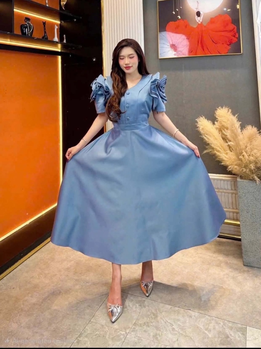 Modern Filipiniana Blue Puff-Sleeve V-Neck Midi Dress Fits Small to Large